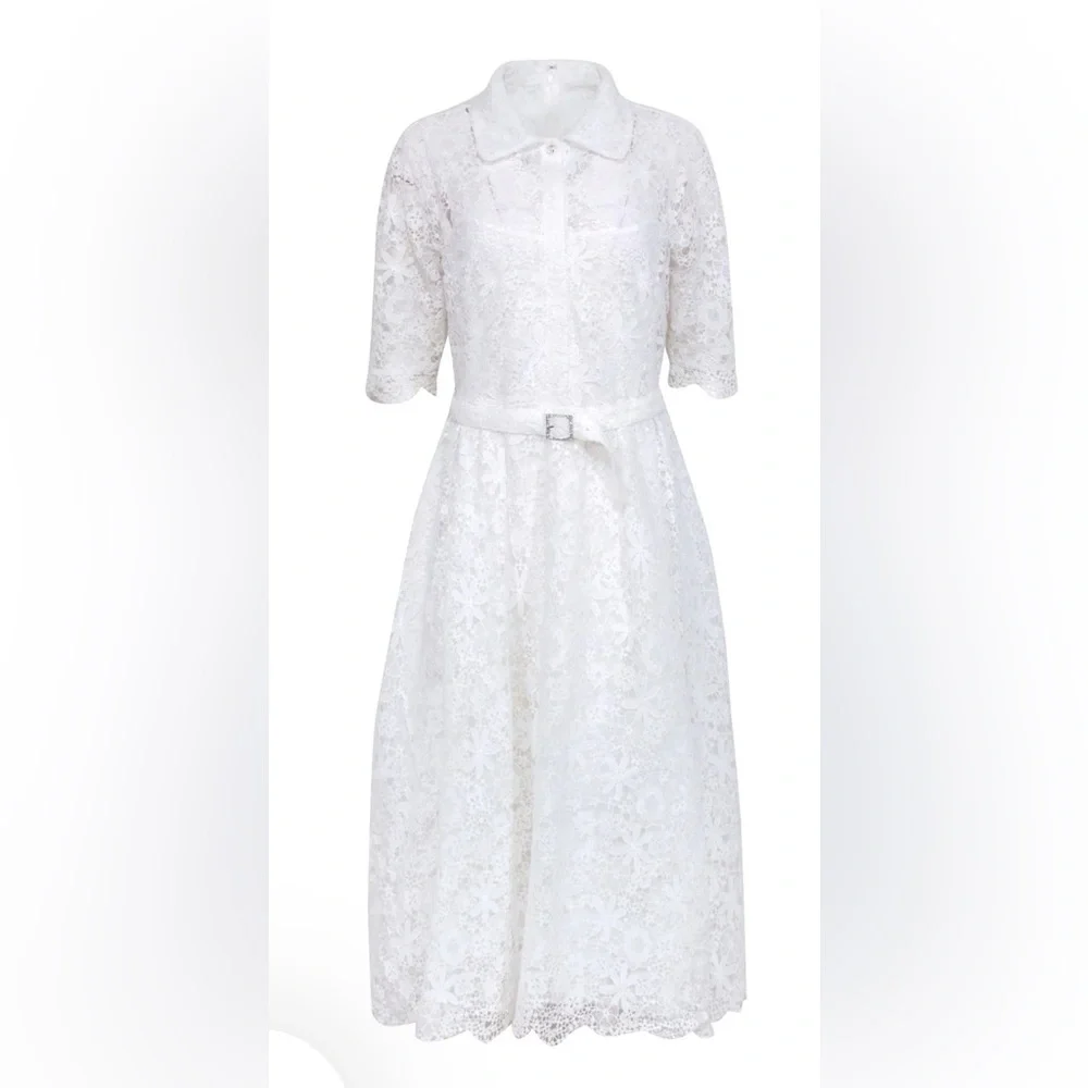 Teri Jon by Vickie Freedman Peter Pan collar White Lace Midi Dress 10 - Picture 1 of 8